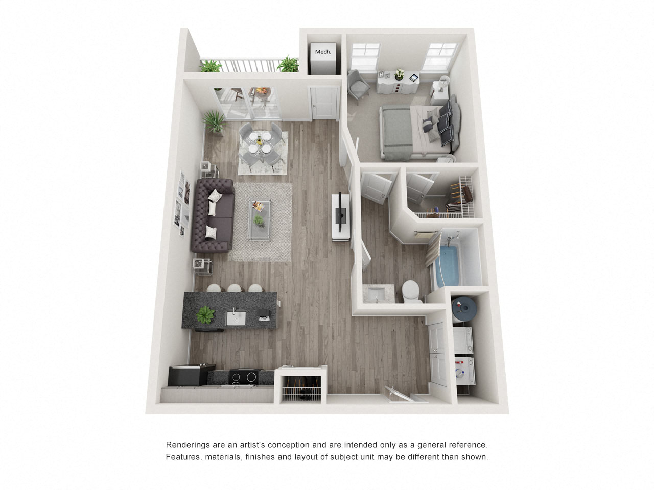 Floor plan for 1 bed, 1 bath, 852 sqft